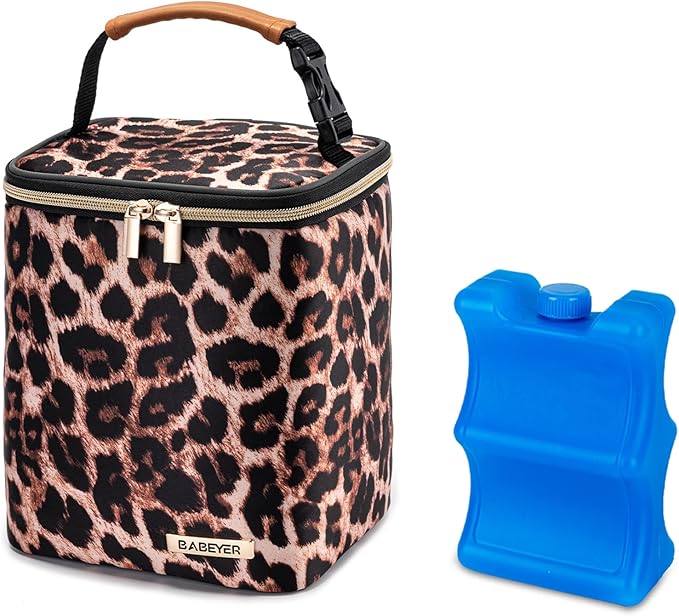 BreastMilk Cooler Bag with Ice Pack Fits 4 Baby Bottles Up to 9 Ounce, Baby Bottle Bag for Nursing Mom Daycare-Leopard Print