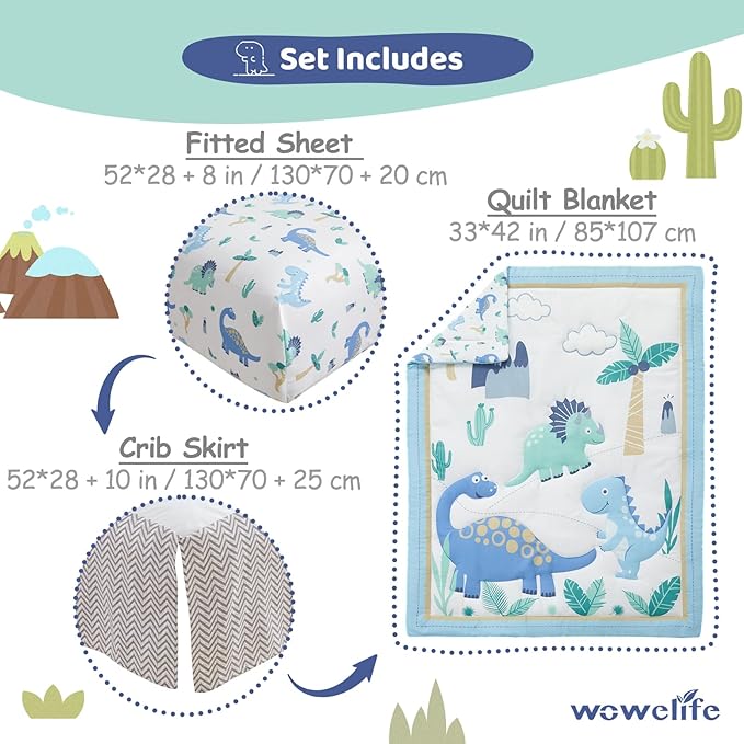 Wowelife Dinosaur Crib Bedding Set for Boys Light Blue, Premium 3-Piece Baby Bedding Set, Nursery Crib Set, Newborn, Infant & Toddler Nursery Bed Set, Light Blue Dinosaur
