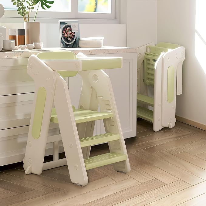 Toddler Tower Kitchen Stool Helper,Foldable/Adjustable Height Kids StandingTower Stool W/CPC Certification,for Kitchen Counter Bathroom Sink Cooking Child Ladder for Toddlers W/Safty Rail(Green White)