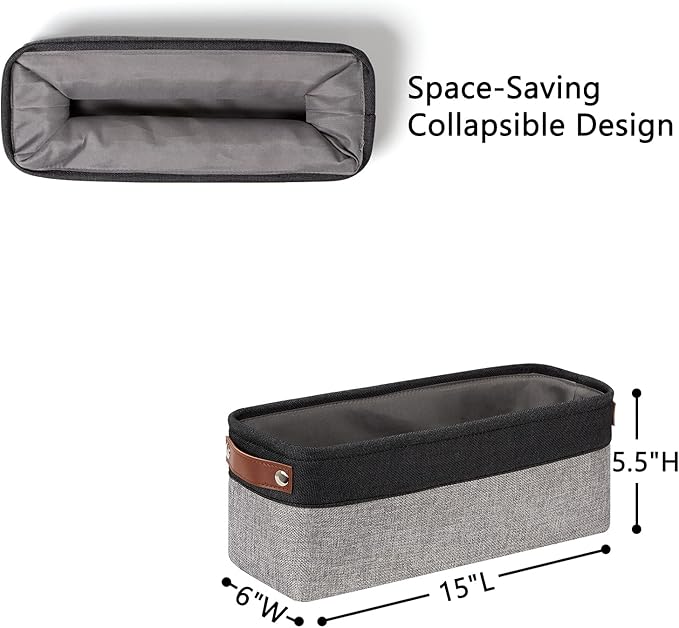 DULLEMELO Small Bathroom Baskets for Toilet Fabric Storage Baskets 2 Pack - 15"x6"x5.5" Foldable Fabric Organizer for Storage Decorative Storage Bins for Home,Closet(Black&Grey)
