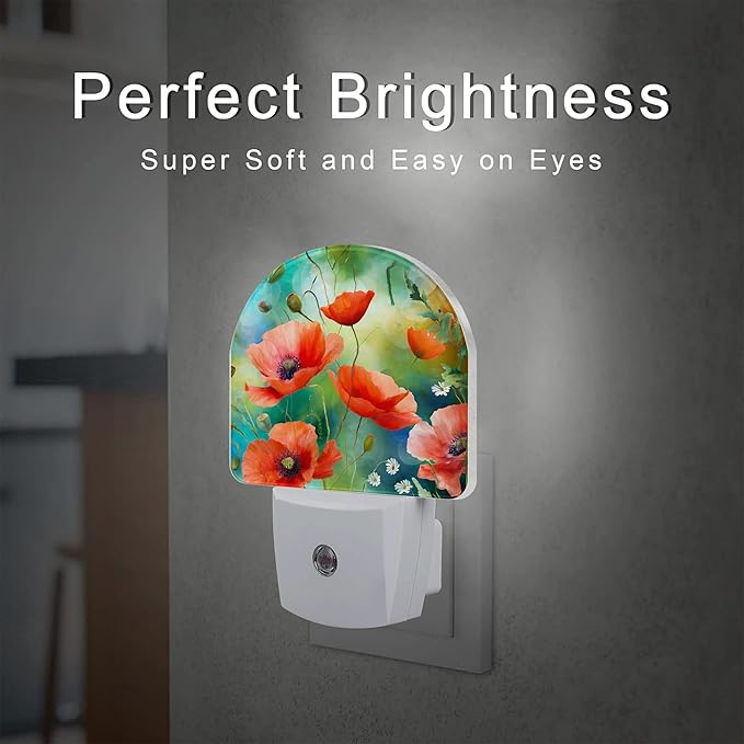 Watercolor Red Poppies Flower Night Light, Abstract Colorful Floral Dusk to Dawn Night Light Plug in,0.5w Energy Saving Sleep Friendly NightLight for Kids Boys Girls Home Decor