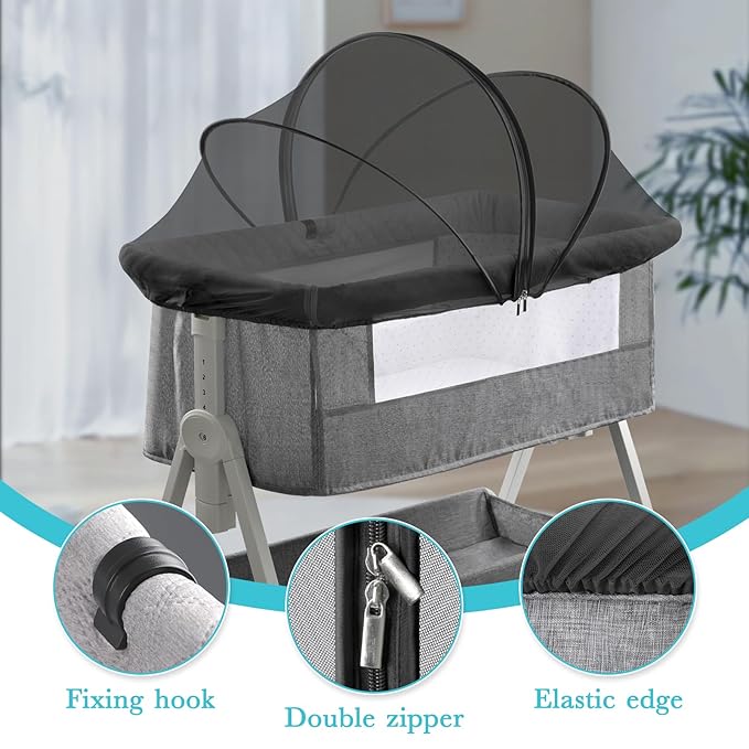 Bassinet Cover for Cats - Bassinet Net Cover for Baby Prevents Entry of Insects/Pets, Breathable Crib Net with Two-Way Zippers, Mosquito Net for Bedside Sleeper/Travel Crib (Black-Small)