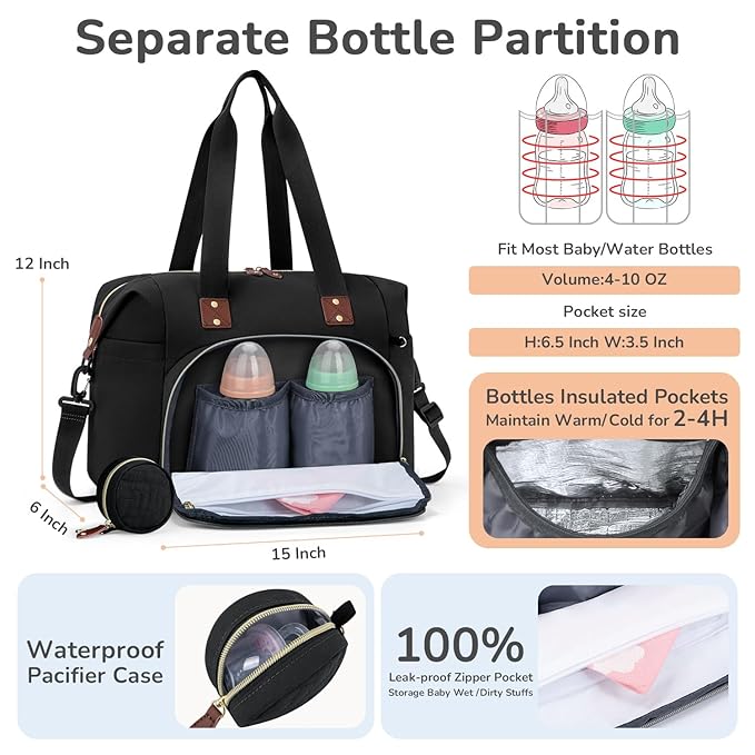 Diaper Bag Tote, Baby Bag Travel Diaper Tote Bag with Pacifier Case, Cute Maternity Hospital Baby Stylish Diaper Tote for Mom Dad Medium Size, Black