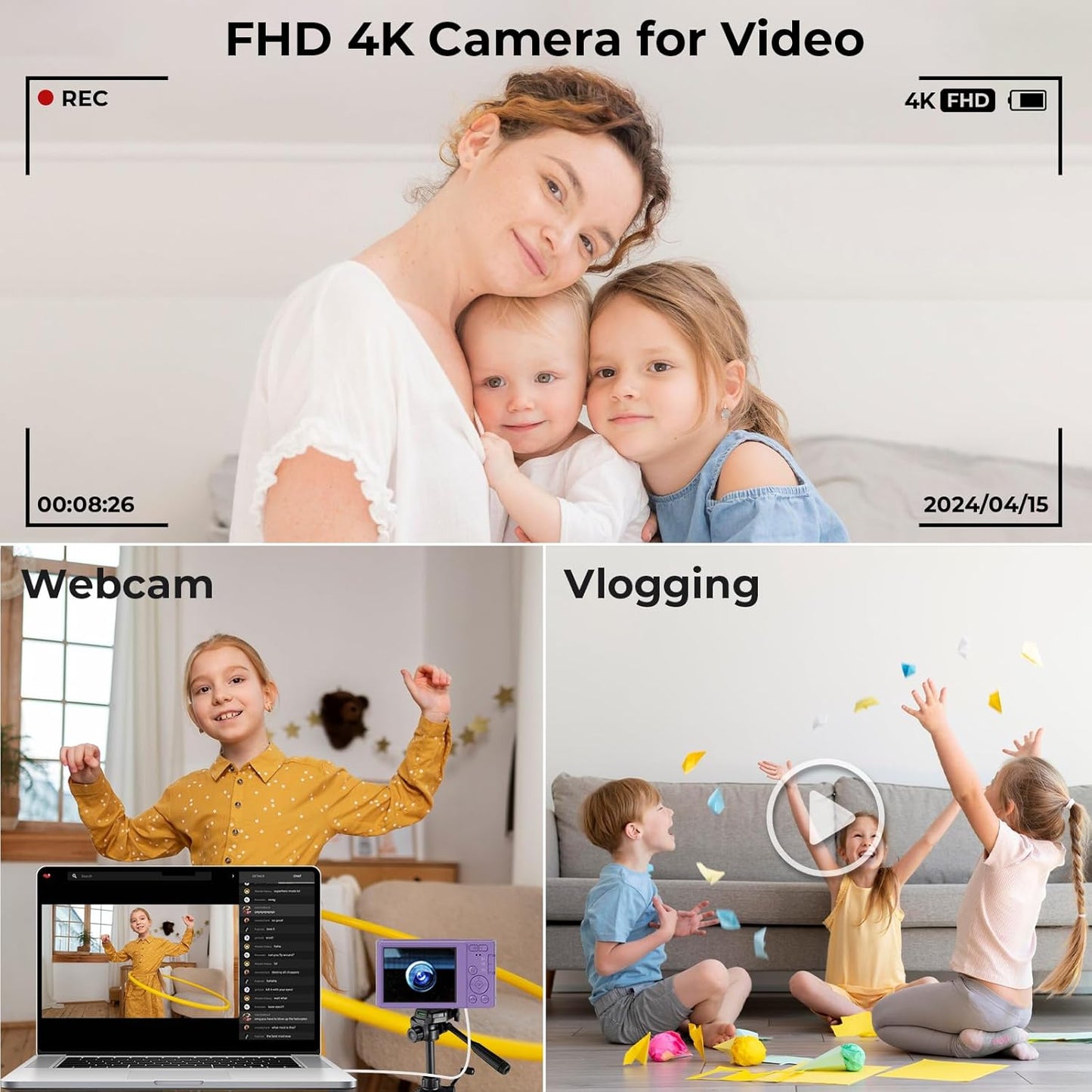 Digital Camera, 44MP FHD 4K Vlogging Camera for Kids Point and Shoot Cameras with 64GB Card, 16X Zoom Portable Compact Small Camera Gifts for Teens Boys Girls Adult Beginner