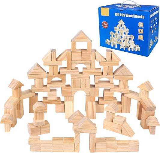 100 Pcs Kids Natural Colored Wood Building Block Toys Wooden Blocks Building Blocks for Toddlers Preschool Learning Toys Stacking Block Birthday Gifts for Toddlers