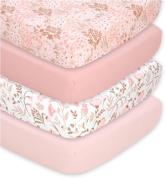 The Peanutshell 4-Pack Fitted Crib Sheet Set - Super Soft & Breathable Baby Girl Crib Sheets, Nursery Decor, Fit for Standard Mattress Cover- Whimsical Floral