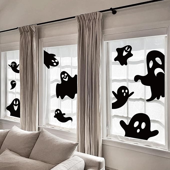 Whaline 9 Sheets Halloween Window Clings Black Ghost Silhouette Reusable Window Decals for Spooky Holiday Haunted House Home School Office Glass Decor