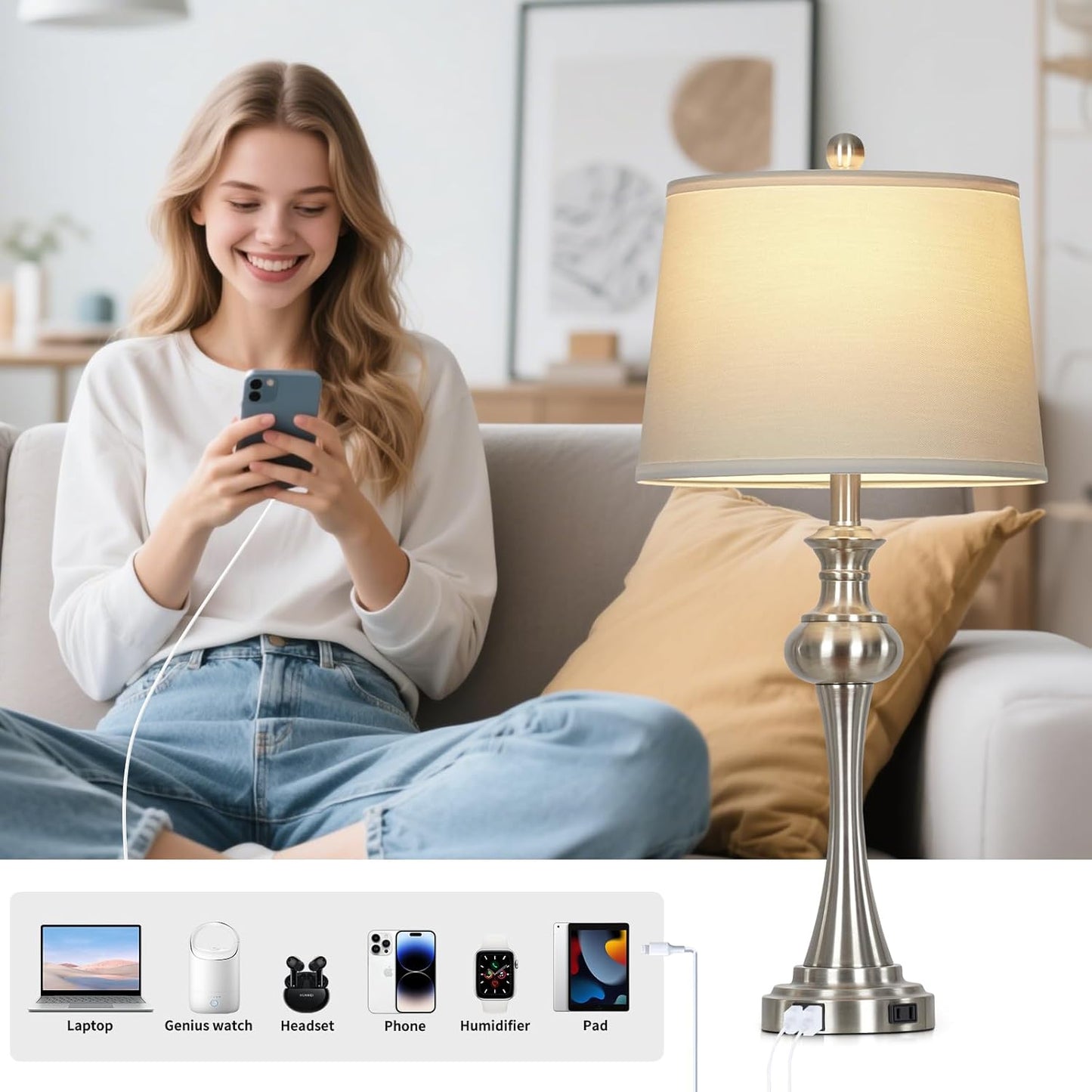 28.75"Silver Table Lamps Set of 2, 3 Way Touch Control Living Room Lamps with USB A+C Ports & Outlets , Modern Bedside Lamps, Elegant Metal Nightstand Lamps for Bedroom Office End Table Decoration