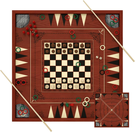 Board Game Set for Adults Family Night, 27.5 Inch Crokinole/Backgammon/Bowling Game/Tabletop Flicking Game with Discs, All in One Carron Board Game Set