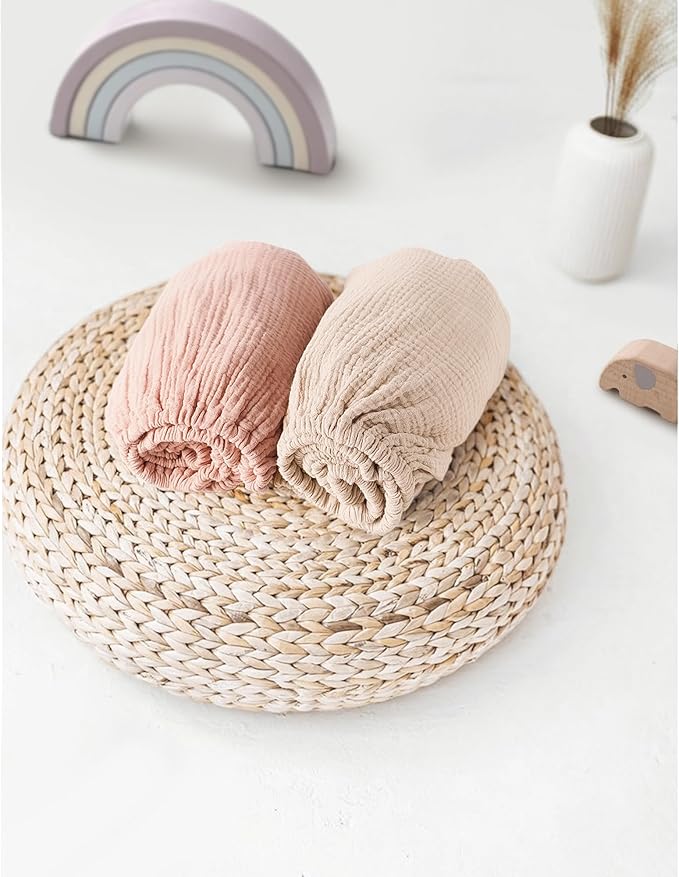 Muslin Bassinet Sheets for Babies – Soft & Breathable 100% Cotton Fitted Sheets for Oval, Rectangle, Hourglass Bassinet Mattress Pads, 2-Pack (Ivory & Pink)