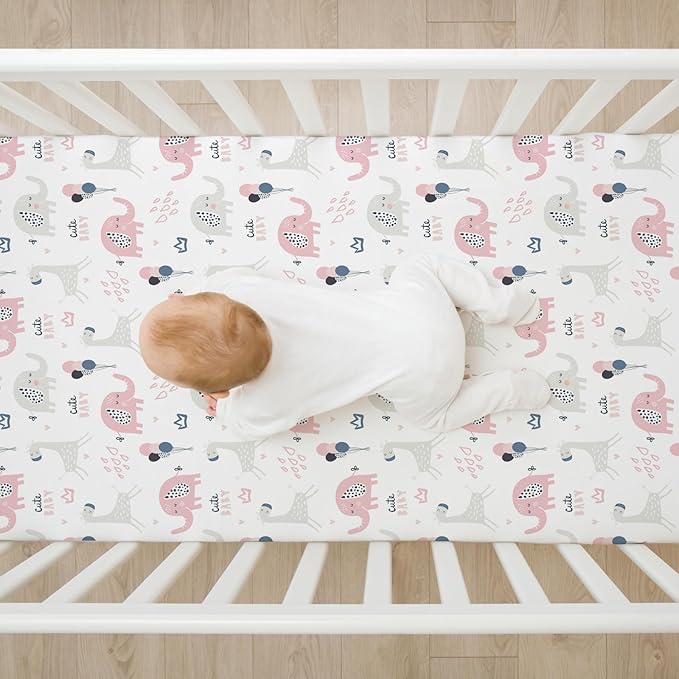 BROLEX Baby Fitted Crib Sheets: Kid Crib Sheets - Set of 2 for Toddler Standard Size Crib Mattress for Boys and Girls - Jersey Knit Crib Bed Sheets Elephant Rabbit