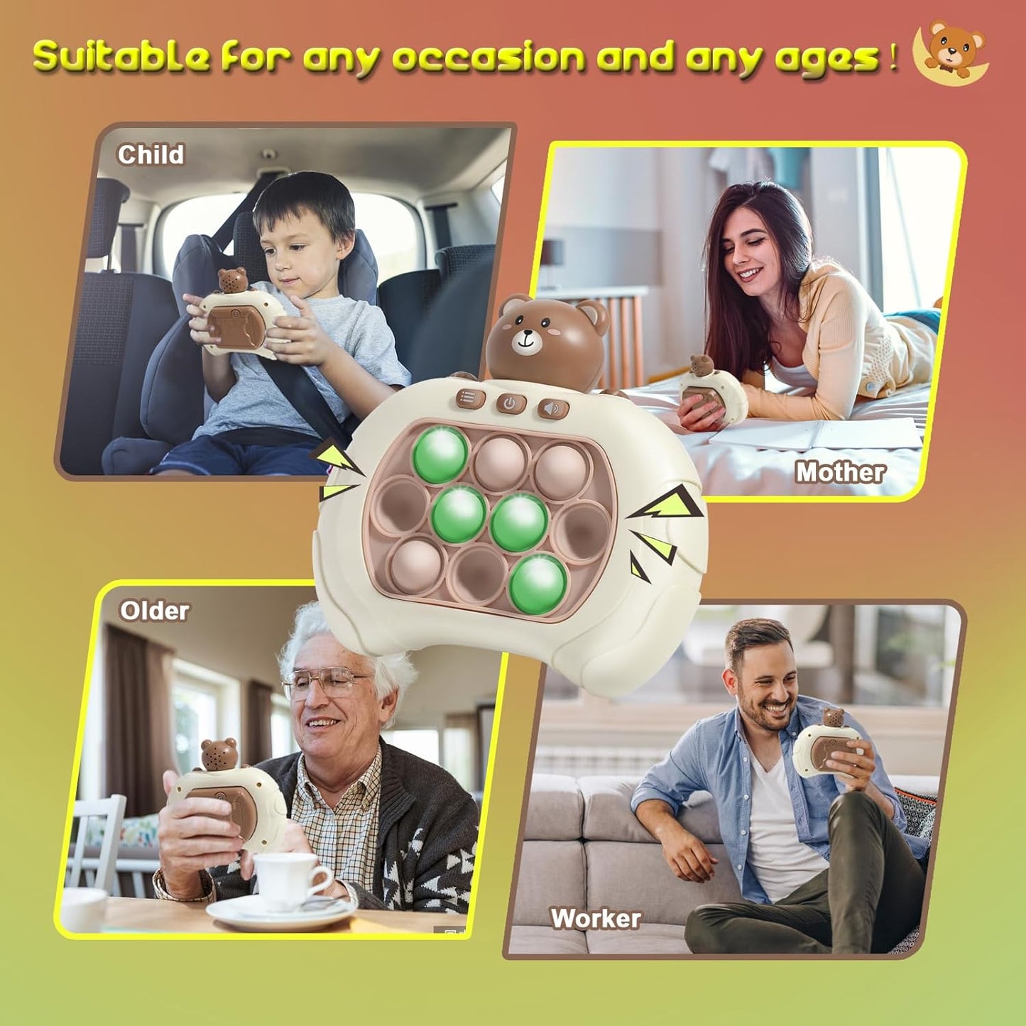 Quick Push Pop Game Fidget Toys for Kids Adults, Handheld Puzzle Game Machine, Squeeze Poppet Sensory Fast Push Bubble Toy, Xmas Birthday Gifts for Boys Girls (Bear Green Light)