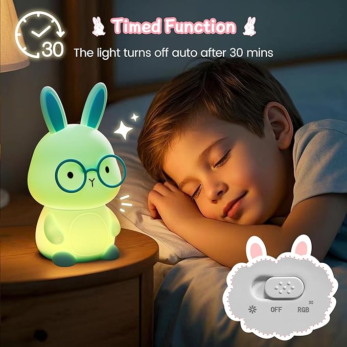 Bunny Night Light for Kids, Soft Silicone Nursery Lamp, 7-Color Glow, 3-Level Dimmable Warm Light, Tap Control, 30Min Timer, Rechargeable, BPA-Free, Easter & Birthday Gift, Baby Room Decor, Green