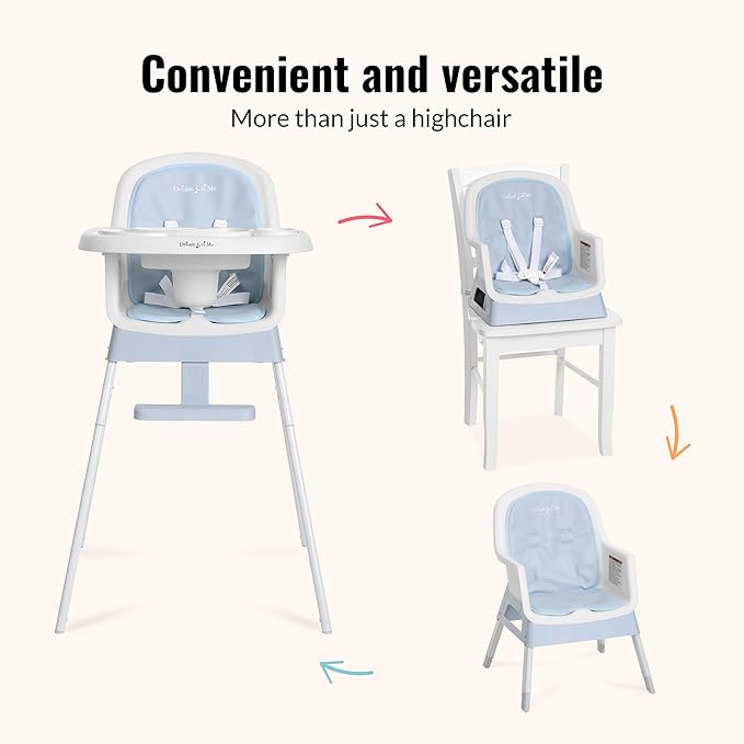 Dream On Me Curio Sit N Seek 3 in 1 Convertible Baby High Chair in Sky Blue, Removable and Adjustable Tray, Portable High Chair, Adjustable Legs, Detachable Footrest & 5 Point Safety Harness
