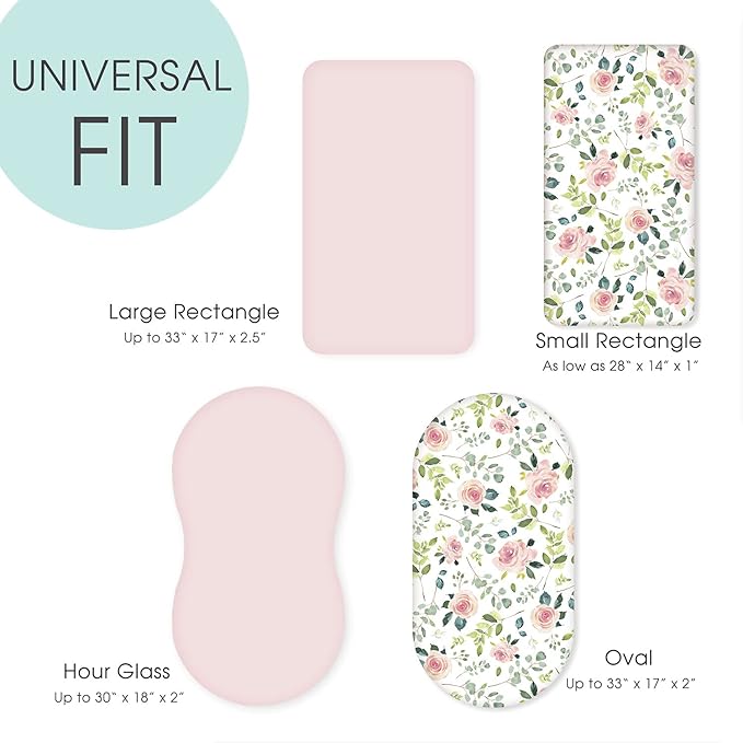 GRSSDER Stretchy Ultra Soft Baby Fitted Bassinet Sheet Set 2 Pack, Universal Cradle for Rectangle, Oval, or Hourglass Pad/Mattress, Pink Rose Sheets Girls