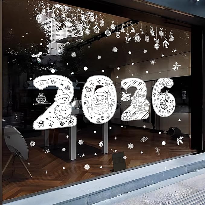 Christmas 2026 Cute Number Window Clings for Glass Windows,5 Sheets Static Christmas Window Decorations Xmas Holiday White Snowman Santa Window Stickers Decals for Party Home Winter Indoor Decor