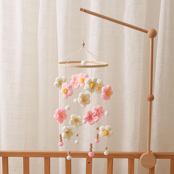Baby Crib Mobile, Pink and White Flower Mobile for Boys and Girls, Baby Mobile for Bassinet, Baby Bedroom Hanging Nursery Decor Gift Set
