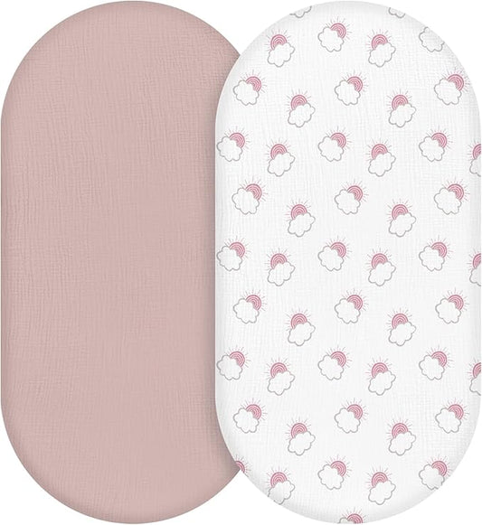 Muslin Bassinet Fitted Sheets, 2 Pack for Baby Boy and Girl, Soft Breathable Baby Pad/Mattress Sheet, Fit for Hourglass Oval and Rectangle Bassinet Mattress (Pink Cloud)