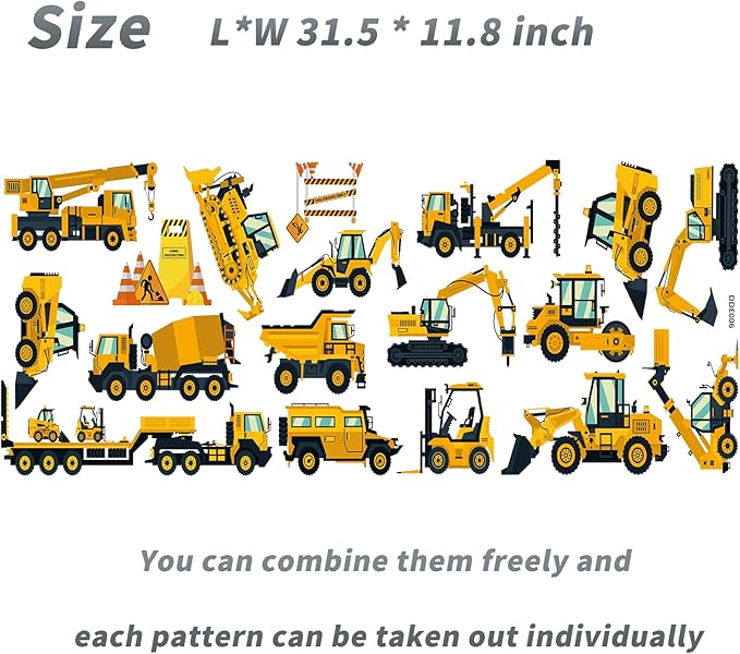 Wall Decals Stickers Construction Vehicles Wall Stickers Tractor Excavator Crane Wall Murals Peel and Stick Removable Wall Decor for Nursery Kid Boys Girls Bedroom Living Room Playroom Classroom