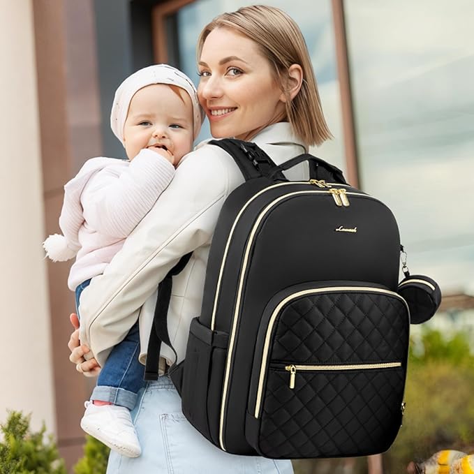 LOVEVOOK Diaper Bag Backpack, Quilted Baby Bag with Changing Pad & Pacifier Holder, Waterproof Travel Diaper Bags for Baby Boys Girls, Stylish and Large Capacity, Lozenge-Black