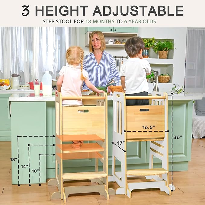 WINGYZ Toddler Kitchen Stool – Adjustable Helper Tower for Kids with Safety Rail, Wooden Standing Step-Up Stool, Sliding Door & Stable Base, White