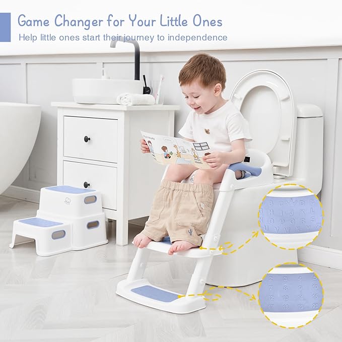 Forbena Blue Toddler Boys Toilet Potty Training Seat with Step Stool Ladder, Baby Child Kids Adjustable Height Sturdy Potty Seat with Soft Cushion and Comfortable Handles (White and Blue)