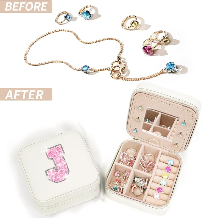 Travel Jewelry Case - Personalized Jewelry Box for Women,Small Jewelry Organizer Cute Jewelry Organizers and Storage Aesthetic,Travel Essentials Birthday Gifts for Girls Women | Cream,J