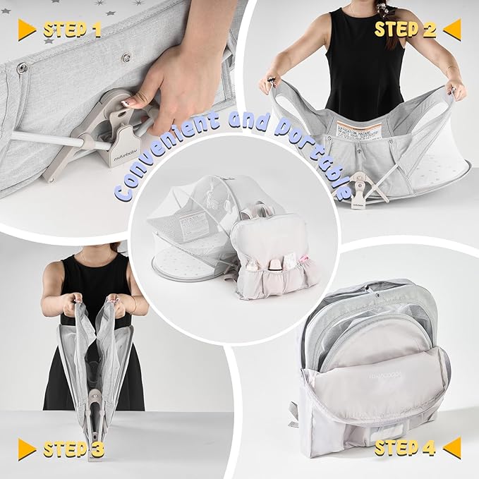 Portable Baby Bassinet Travel Baby Bed included Carry Backpack , Baby Cribs Travel Pod for Outdoors Baby Lounger Infant Travel Bed with Mosquito Net and Sunshade Canopy, Lightweight Washable Foldable