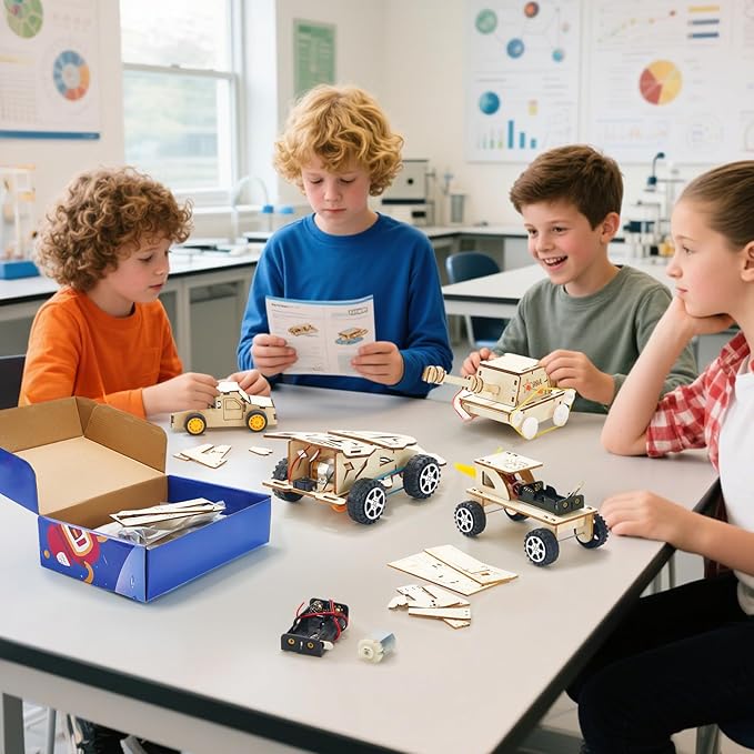 6 in 1 STEM Toys for Kids Age 8-10, Wooden Science Experiments Building Toy for Boys and Girls, Model Car Kit, Wooden 3D Puzzles, Xmas Birthday Gifts for 6 7 8 9 10 11 12 Year Old