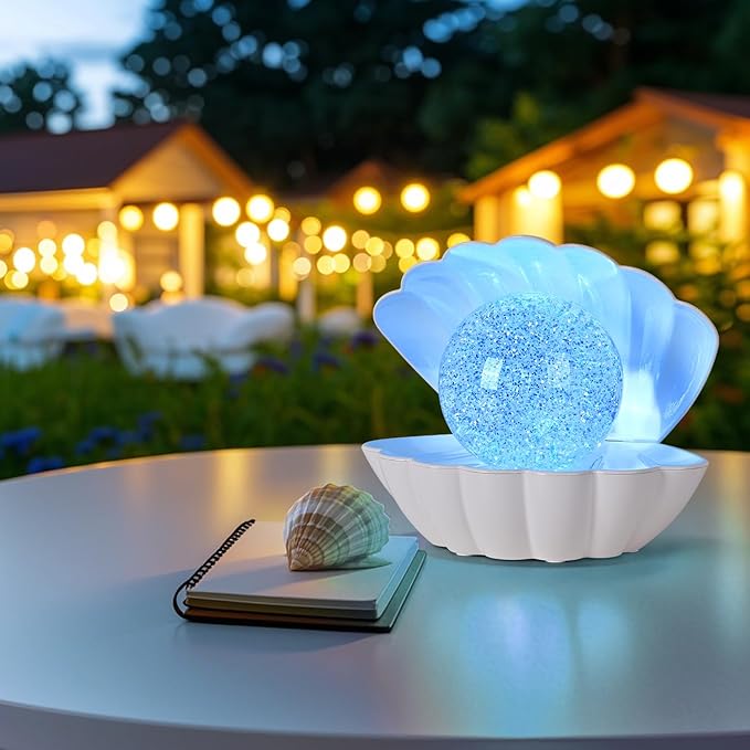 Shell Pearl Beach Themed Night Light, RGB 8 Colors Changing Mood Shell Pearl Lamps, Bedside LED Clamshell Portable Night Lights for Bar (Large White Shell)