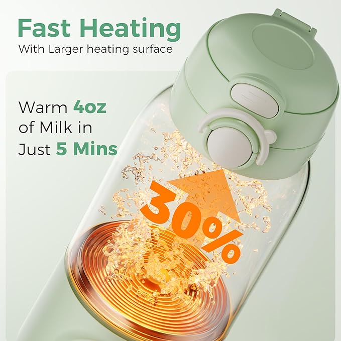 Portable Bottle Warmer for Travel, 15oz Capacity Baby Bottle Warmer with Fast Heating, 12000mAh Battery & Fast Charger, Pasteurization for Hygiene, Precise Temp Control, Leak-Proof (Green)