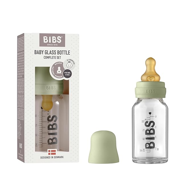 BIBS Baby Glass Bottle Complete Set 110 ml | BPA Free Natural Rubber | Made in Denmark | Sage