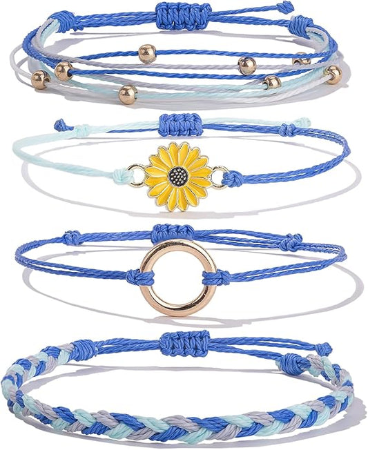 FANCY SHINY Sunflower String Bracelet Boho Braided Rope Wrap Bracelets Cute Summer Beach Surfer Jewelry for Women Christmas Gifts