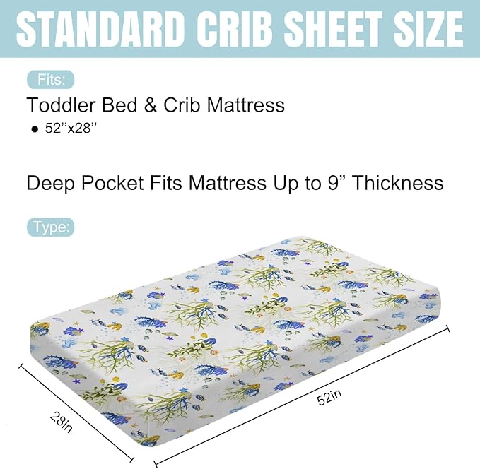 Colorful Undersea Fishes Jellyfish Sea Weeds Baby Crib Sheet 52''x28'' Nautical Life Fitted Crib Mattress Cover for Boy Girl Nursery Toddler Bed Sheets for Standard Crib and Toddler Mattresses