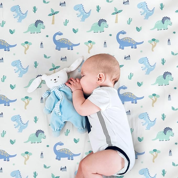 Wowelife Dinosaur Crib Bedding Set for Boys Light Blue, Premium 3-Piece Baby Bedding Set, Nursery Crib Set, Newborn, Infant & Toddler Nursery Bed Set, Light Blue Dinosaur