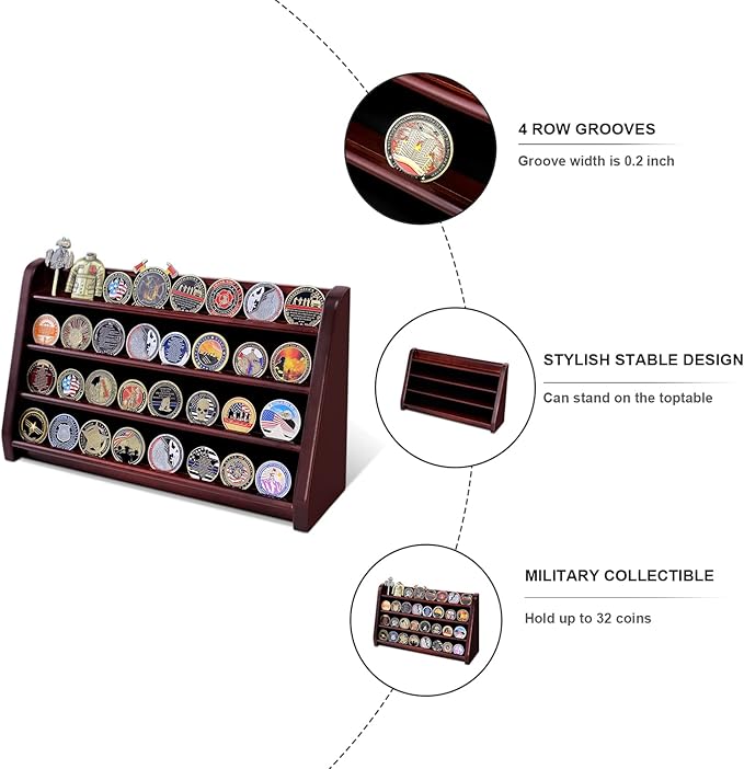 4 Rows Military Wooden Challenge Coin Display Case - Wall Mountable Army Holder Stand Rack, Holds 32 Coins, Mahogany