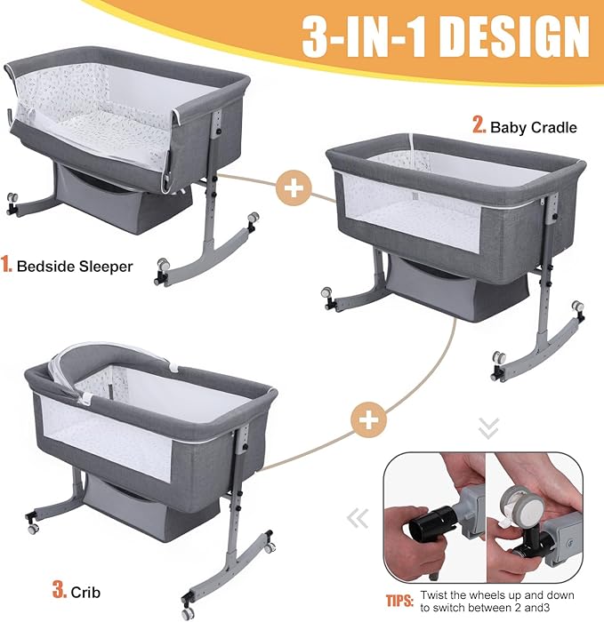 3 in 1 Baby Bassinet | Bedside Sleeper with Storage Basket and Wheels | Bedside Crib for Baby | Height Adjustable Bedside Bassinet Movable Beside Bassinet with Mosquito Net (Grey)