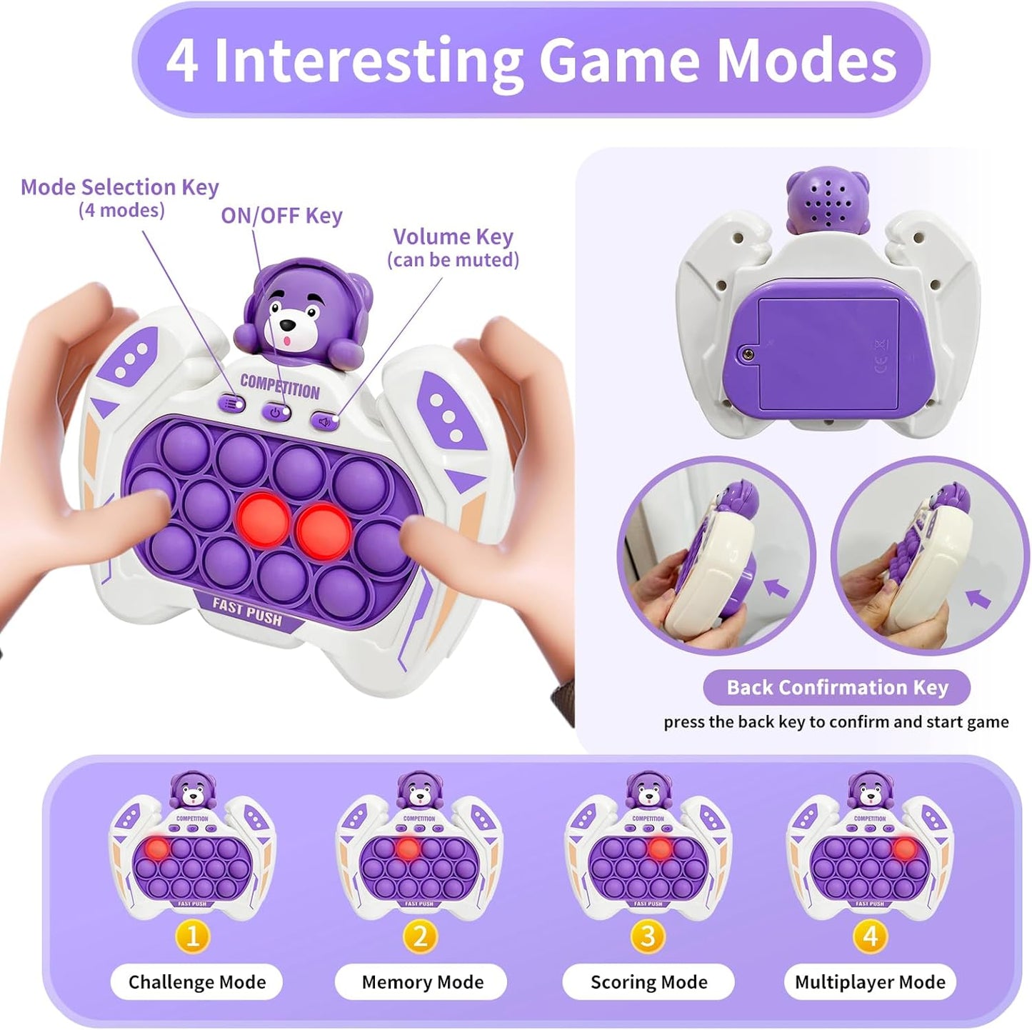 Pop Quick Push Game Console Fidget Toys Light Up Handheld Puzzle Press Popping Toy for Kids Adult Purple Bear