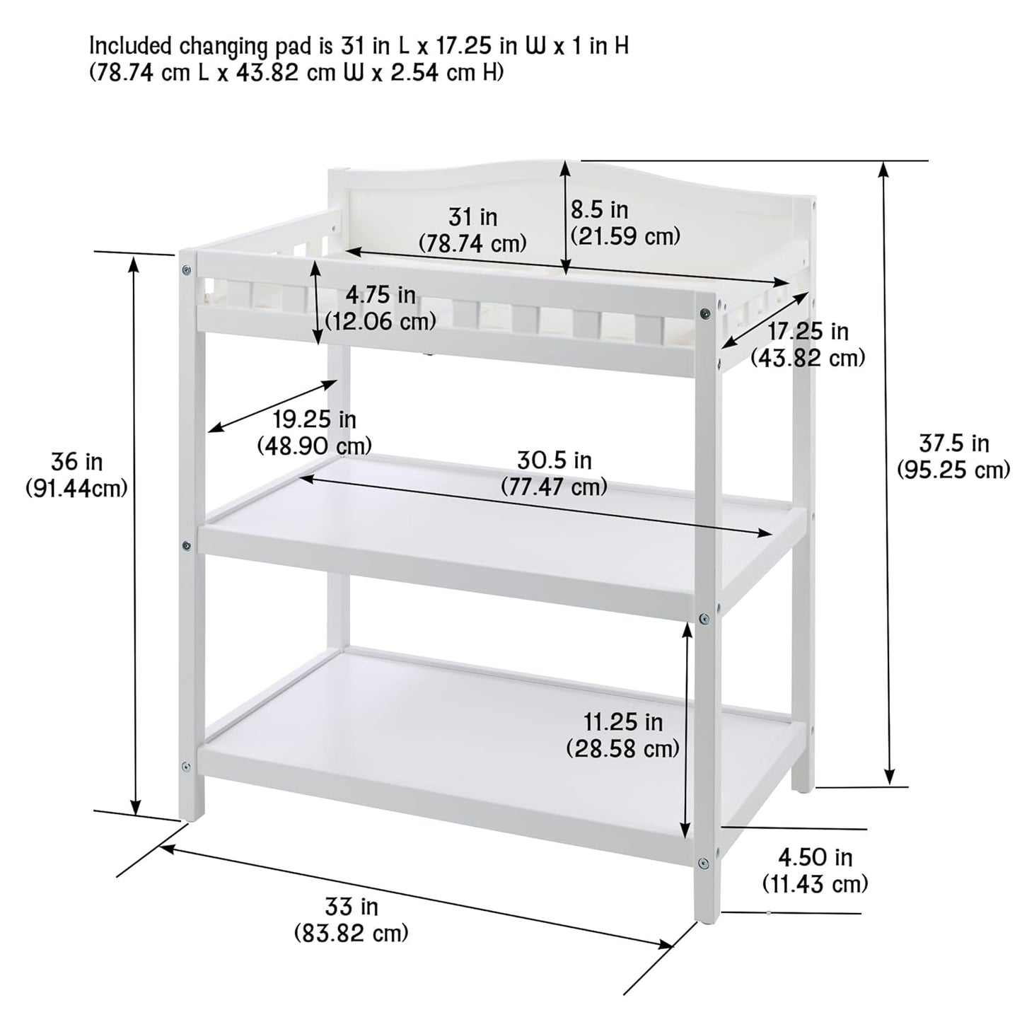 Badger Basket Baby Changing Table with Pad & Shelves - Wooden Changing Table with Storage - Nursery Change Table for Diapers & Baby Essentials, White