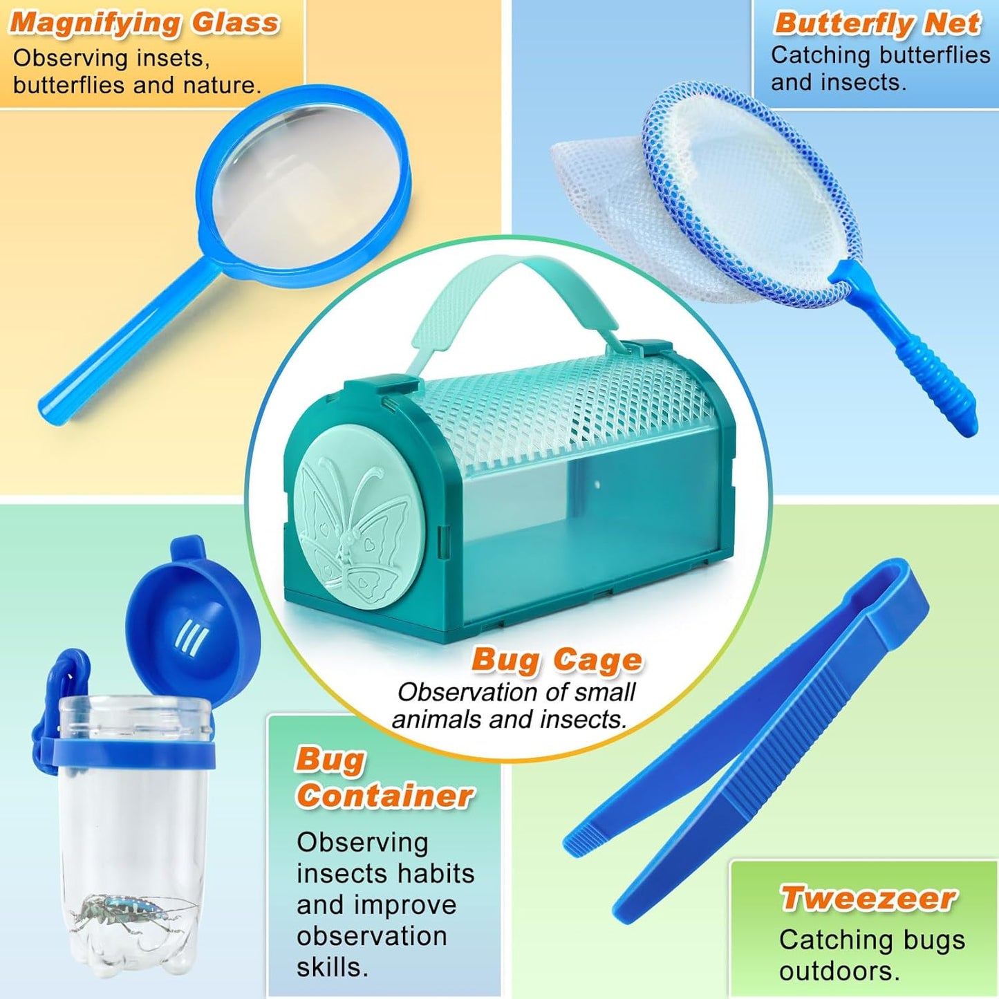 Bug Catcher Kit & Outdoor Explorer Kit for Kids, 10 Pcs Bug Catching Kit with Toy Cage, Backpack, Flashlight, Manifying Glass, Toy Net, Outdoor Exploration Toys Gift for Boys Girls 3-12