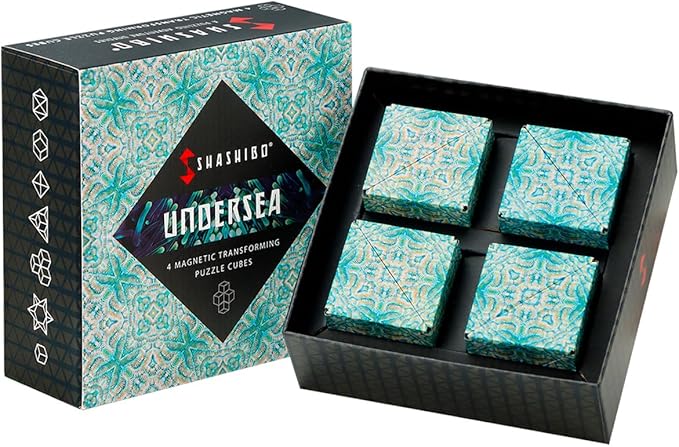 SHASHIBO Shape Shifting Box - Award-Winning, Patented Fidget Cube w/ 36 Rare Earth Magnets - Transforms Into Over 70 Shapes, Gift Box, Download Fun in Motion Toys Mobile App (Undersea, 4 Pack)