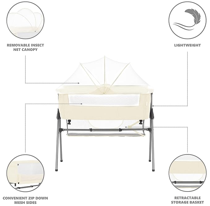 Dream On Me Lotus Bassinet and Bedside Sleeper in Ivory, Lightweight and Portable Baby Bassinet, Adjustable Height Position, Easy to Fold and Carry Travel Bassinet- Carry Bag Included