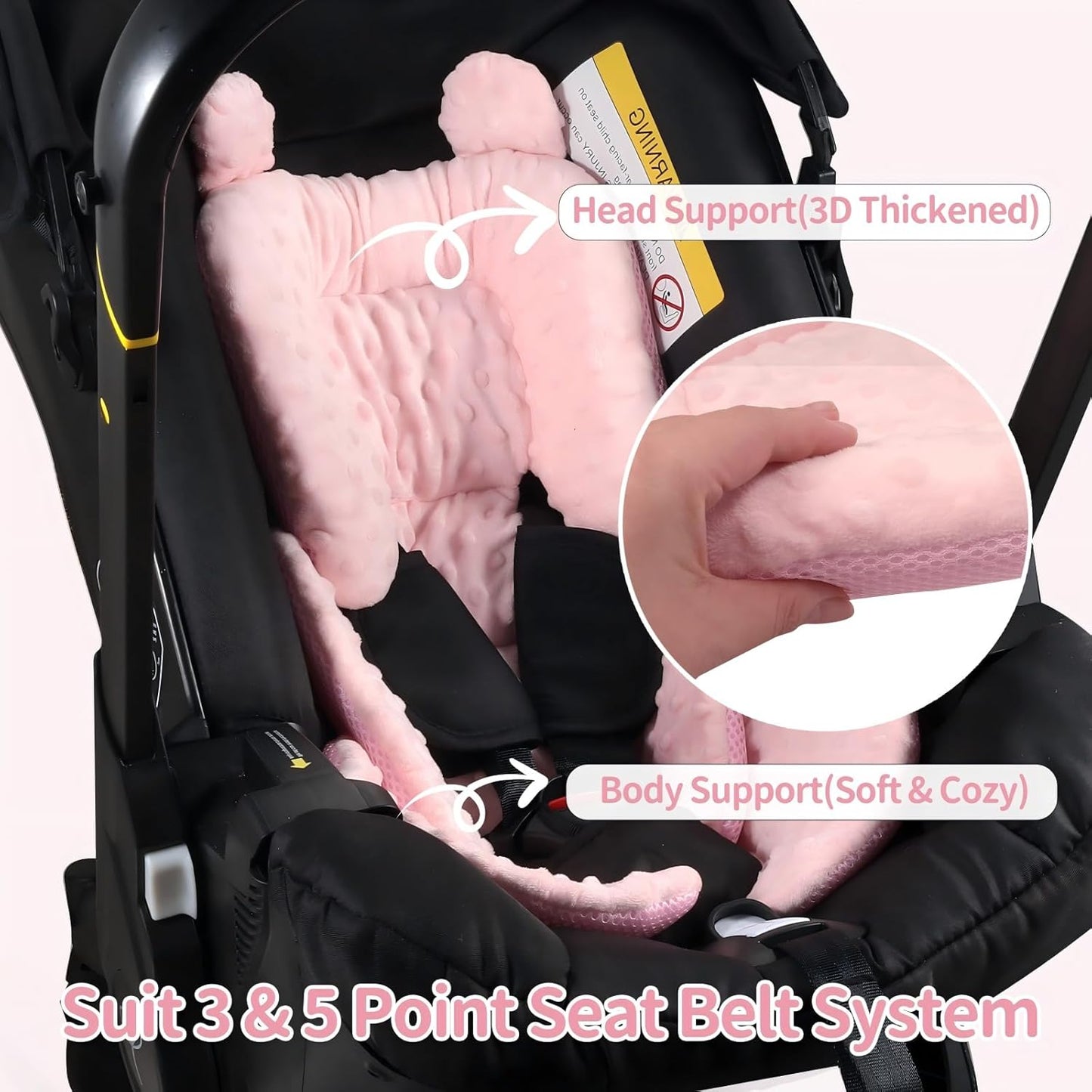 3in1 Reversible Carseat Head Body Support Newborn,3D Minnky Infant Car Seat Insert,Extra Soft Breathable Baby Car Seat Pillow Cushion Boys Girls,fit Stroller,Bouncer,Swing(Pink)