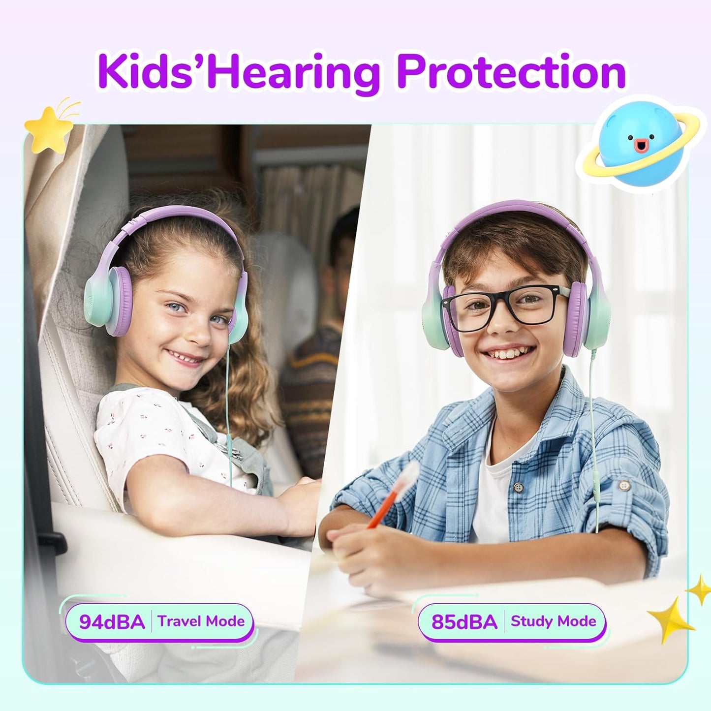 EarFun K3 Kids Headphones, Over Ear Headphones with Microphones, 85/94dB Volume Limit, HD Stereo Sound, Foldable Wired Headphone for School/Travel/Boys/Girls/Tablet/iPad (3.5mm Plug with Mic, Violet)