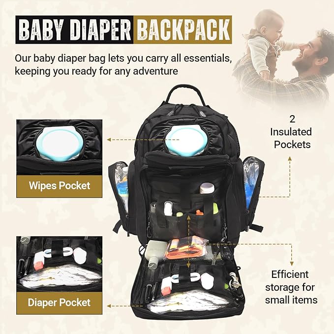 HighSpeedDaddy - Baby Diaper Backpack, Military-Grade, Waterproof, Compact Baby Travel Bag with Diaper Changing Mat