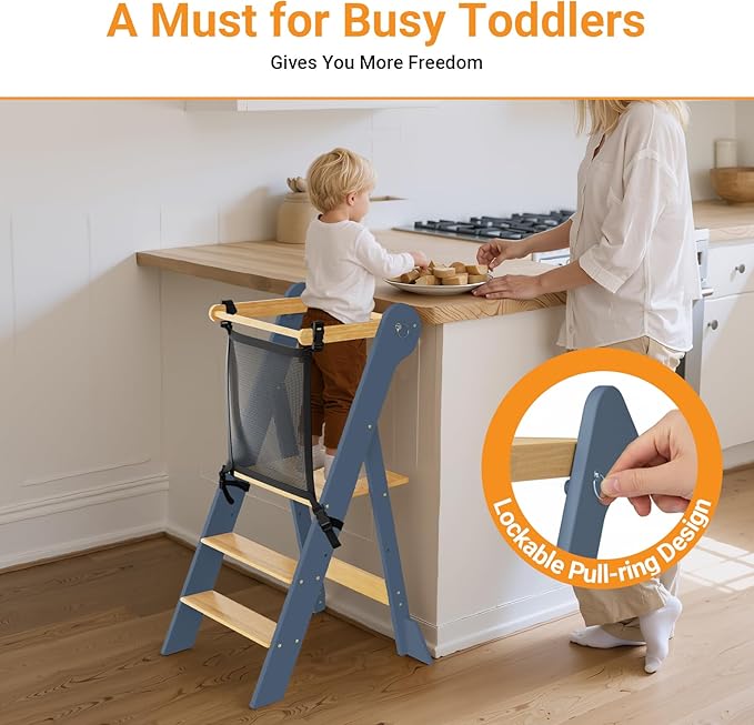 COSYLAND Foldable Toddler Kitchen Stool Helper - Height Adjustable Standing Tower for Bathroom Sink or Kitchen Counter - Step Stool for Toddlers Ages 18 Months to 6 Years Gray & Natural