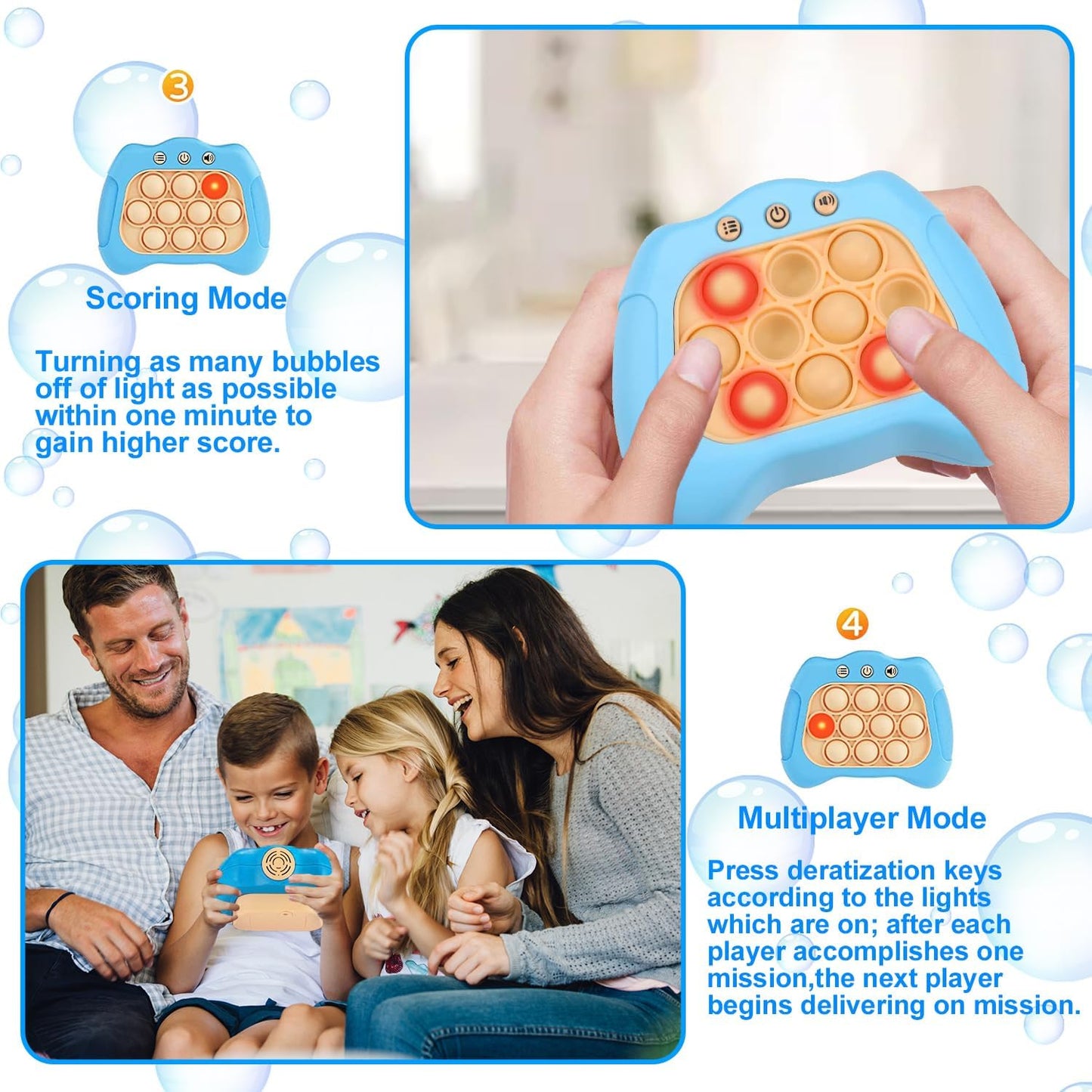 Quick Push Puzzle Game Machine Pop Fidget Light-Up Squeeze Poppet Sensory Toy Educational Push Pop Bubble Toy Stress Relief Party Favors Puzzle Game for Kids Teens Adults (Baby Blue)