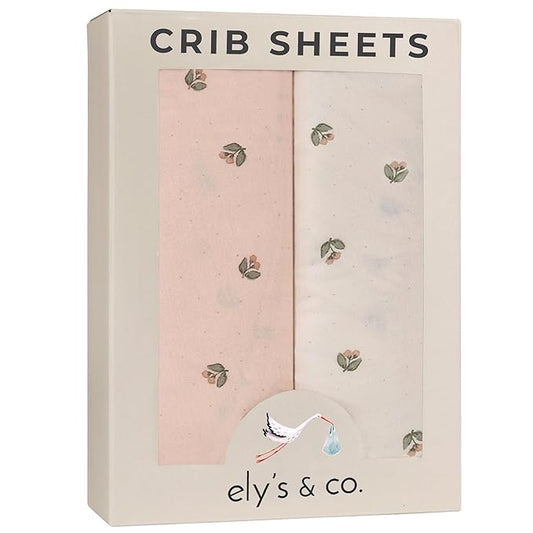 Ely’s & Co. Crib Sheets, Baby Girl Fitted Crib Mattress Sheet Set, 2 Pack, 100% Jersey Knit Cotton, Infant and Toddler Nursery Bedding, Pink Vintage Print, 28” x 52”