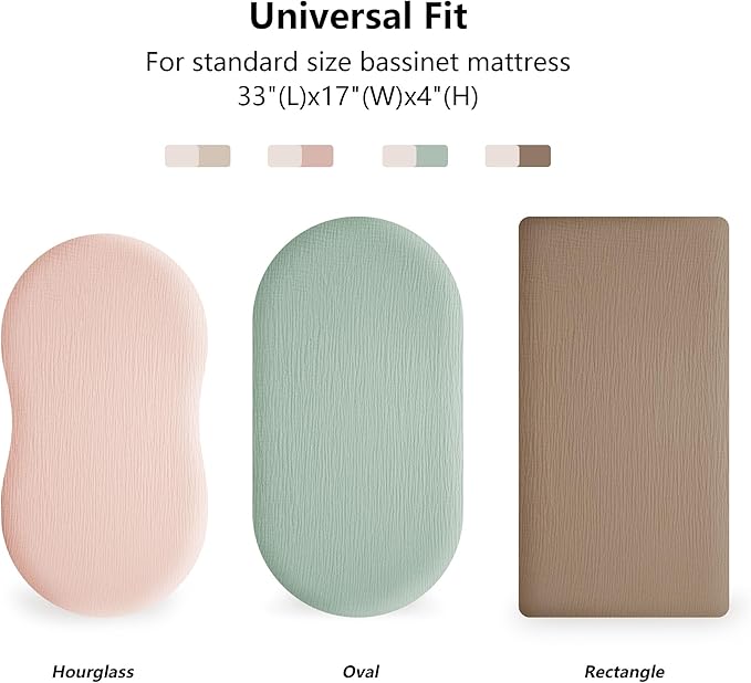 Muslin Bassinet Sheets for Babies – Soft & Breathable 100% Cotton Fitted Sheets for Oval, Rectangle, Hourglass Bassinet Mattress Pads, 2-Pack (Ivory & Pink)