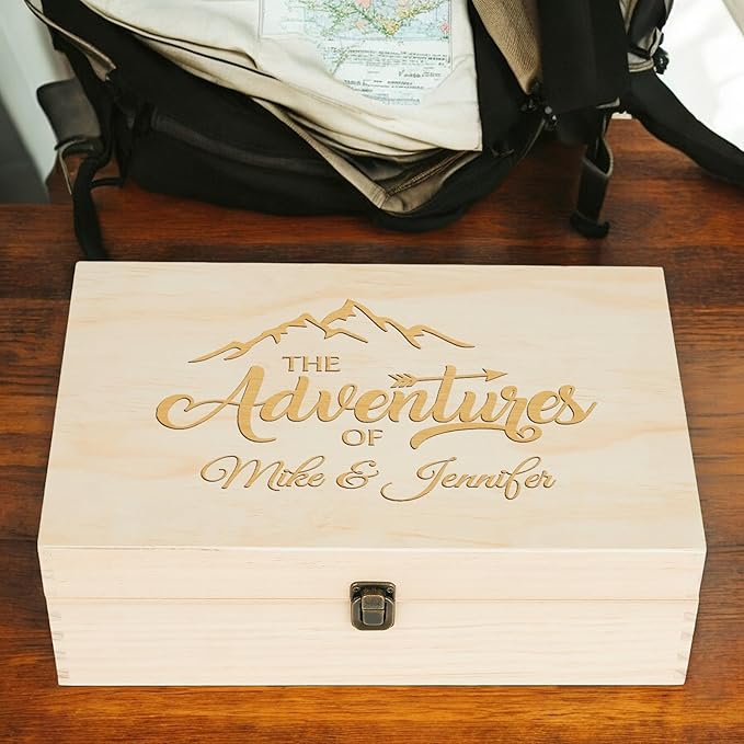 Personalized Wooden Keepsake Box Custom Engraved Adventure Memory Box for Couples Travel Souvenirs Photos Letters - Storage Memento Boxes for Wedding Gifts Newlyweds Anniversary Valentine's Day Gift